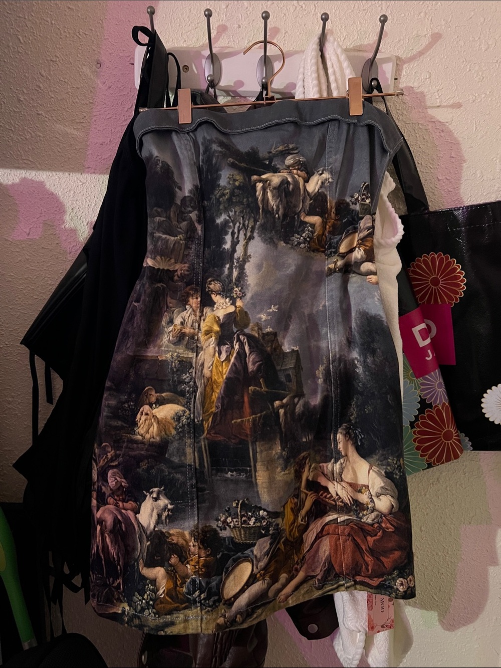 Baroque Print Strapless Mini Dress in Multi-Color